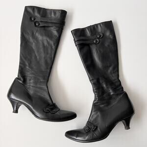 Vintage Black Leather Knee High Victorian Gothic Kitten Heel Boots Size 36/6